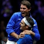 Rafael Nadal congratulates Roger Federer during the Laver Cup in 2017