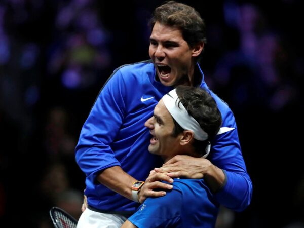 Rafael Nadal congratulates Roger Federer during the Laver Cup in 2017