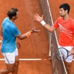 Novak Djokovic and Rafael Nadal at the end of the 2019 Rome Masters 1000 final.