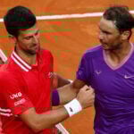 Spain's Rafael Nadal shakes hands with Serbia's Novak Djokovic