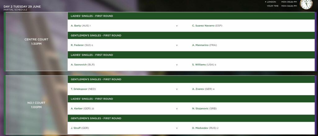 Le All England Club a publié le programme des deux courts principaux, les seuls à disposer d'un toit, pour la journée de mardi à Wimbledon.