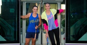 Ashleigh Barty of Australia & Karolina Pliskova of the Czech Republic visit Msheireb Barahat ahead of the 2020 Qatar Total Open WTA Premier 5 tennis tournament
