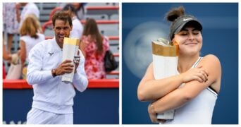 Rafael Nadal and Bianca Andreescu with their trophies after winning the Rogers Cup in 2019
