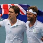 Ariake Tennis Park - Tokyo, Japan - July 30, 2021. Marcus Daniell of New Zealand and Michael Venus of New Zealand celebrate after winning their bronze medal match