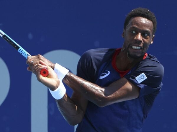 Ariake Tennis Park - Tokyo, Japan - July 25, 2021. Gael Monfils of France in action during his first round match against Ilya Ivashka of Belarus
