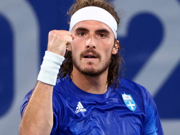 Stefanos Tsitsipas of Greece reacts during the Olympic Games