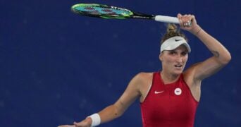 Czech tennis player Marketa Vondrousova in action at the Tokyo 2020 Summer Olympics