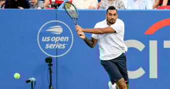 NICK KYRGIOS hits a backhand during his match at the Rock Creek Tennis Center, Washington.