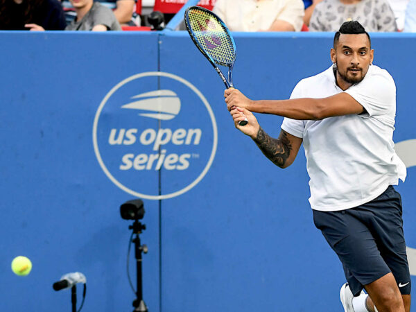 NICK KYRGIOS hits a backhand during his match at the Rock Creek Tennis Center, Washington.