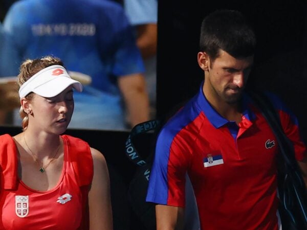 Tokyo 2020 Olympics - Nina Stojanovic of Serbia and Novak Djokovic of Serbia arrive ahead of their semifinal match