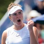 Elina Svitolina of Ukraine in action during her second round match at the 2021 WTA Chicago Womens Open WTA 250 tennis tournament against Fiona Ferro of France
