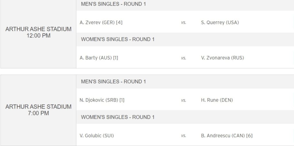 2021 US Open, Order of Play Day 2