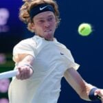 Andrey Rublev returns the ball during his National Bank Open tennis tournament second round game on August 11, 2021, at Aviva Centre in Toronto, ON, Canada.