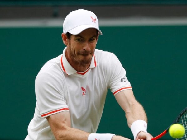 Britain's Andy Murray in action during his first round match at Wimbledon 2021