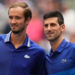 Danill Medvedev of Russia and Novak Djokovic of Serbia pose for a photo together before the men's singles final on day fourteen of the 2021 U.S. Open tennis tournament at USTA Billie Jean King National Tennis Center.