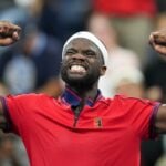 Frances Tiafoe of the United States at the 2021 U.S. Open tennis tournament at USTA Billie Jean King National Tennis Center.