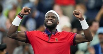 Frances Tiafoe of the United States at the 2021 U.S. Open tennis tournament at USTA Billie Jean King National Tennis Center.