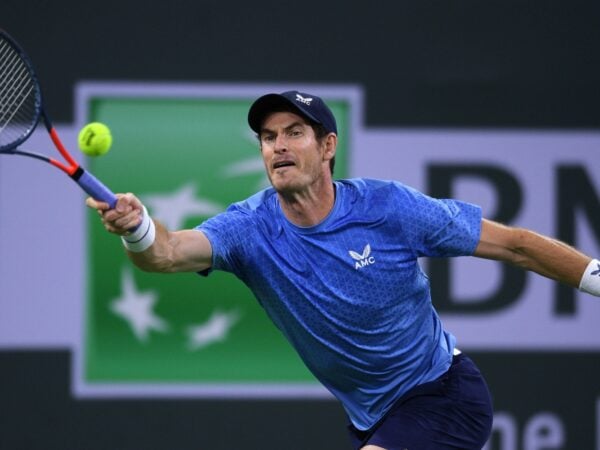 Andy Murray (GBR) hits a shot against Adrian Mannarino (FRA) at Indian Wells Tennis Garden.