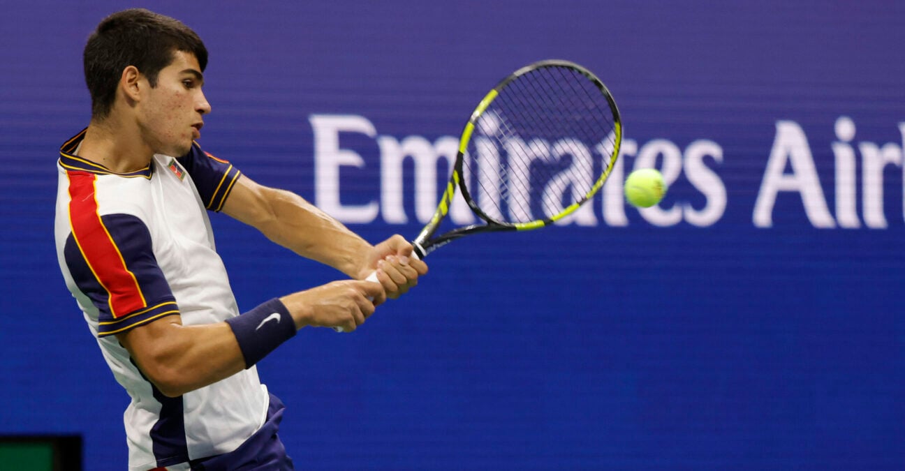 Carlos Alcaraz of Spain hits a backhand on day nine of the 2021 U.S. Open tennis tournament at USTA Billie Jean King National Tennis Center.