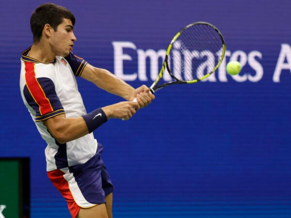Carlos Alcaraz of Spain hits a backhand on day nine of the 2021 U.S. Open tennis tournament at USTA Billie Jean King National Tennis Center.