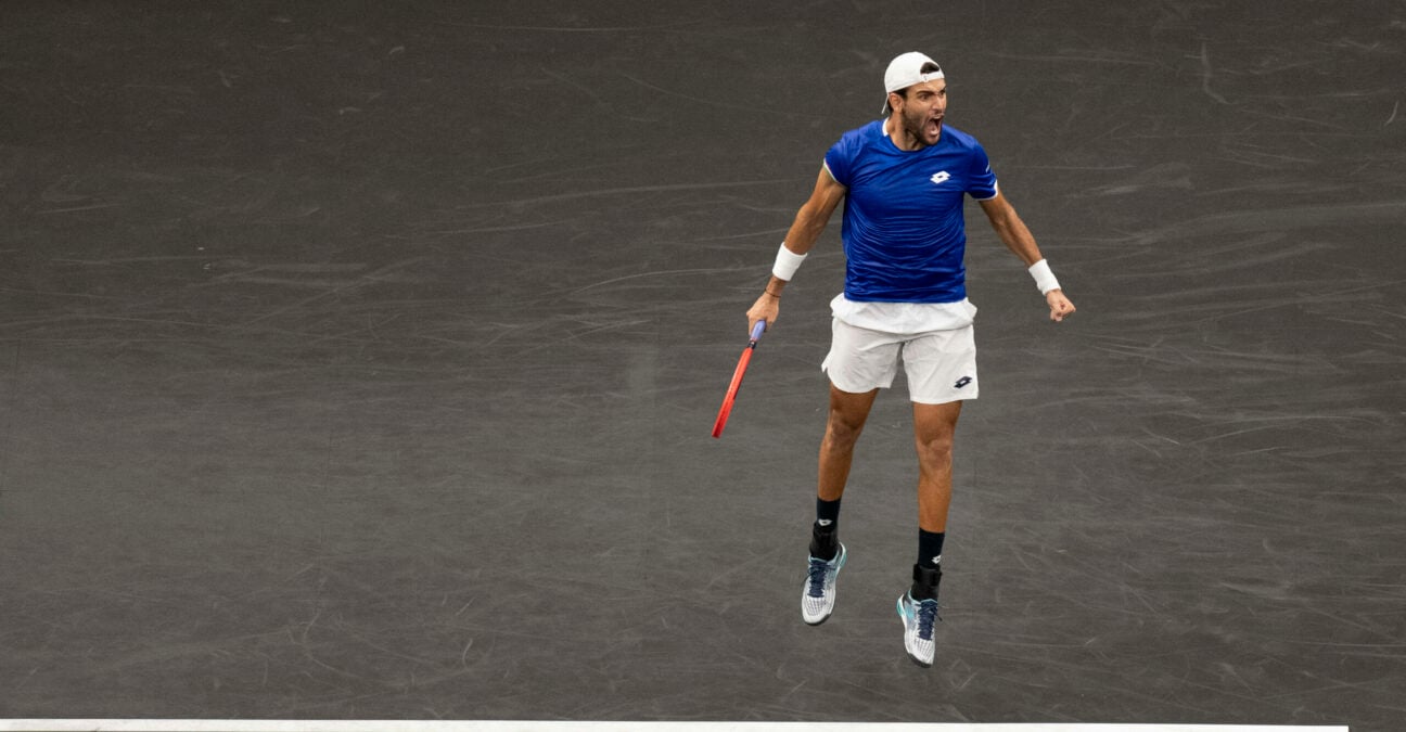 Matteo Berrettini of Team Europe leaps in celebration after winning match point against Team Worlds Felix Auger-Aliassime during the Laver Cup at TD Garden