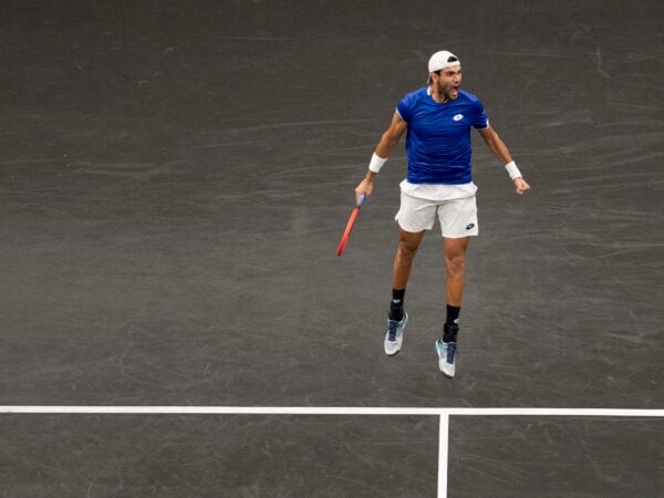 Matteo Berrettini of Team Europe leaps in celebration after winning match point against Team Worlds Felix Auger-Aliassime during the Laver Cup at TD Garden