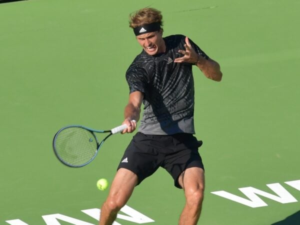 Alexander Zverev (GER) hitting a forehand during his men's singles match at the BNP Paribas Open at the Indian Wells Tennis Garden, Indian Wells, CA.