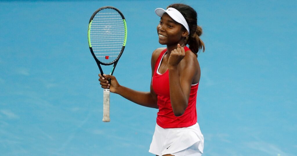 November 1, 2021 Canada's Francoise Abanda celebrates after winning her group stage match against France's Fiona Ferro
