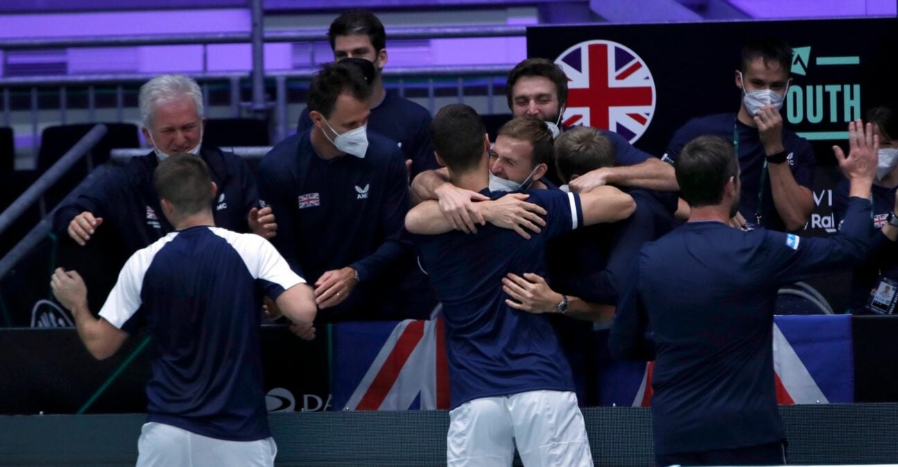 Britain's Joe Salisbury and Neal Skupski celebrate with teammates after winning their doubles match against Czech Republic's Tomas Machac and Jiri Vesely