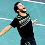 Hugo Gaston (Fra) at the end of his win over Carlos Alcaraz at the Rolex Paris Masters