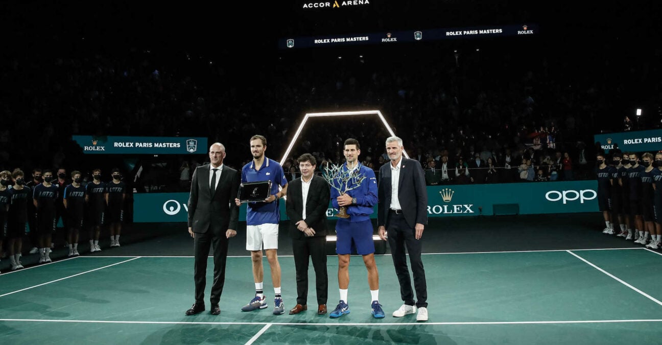 Daniil Medvedev, Novak Djokovic, Gilles Moretton, Guy Forget