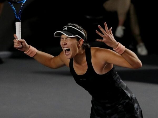 Spain's Garbine Muguruza celebrates after winning her group stage match against Czech Republic's Barbora Krejcikova