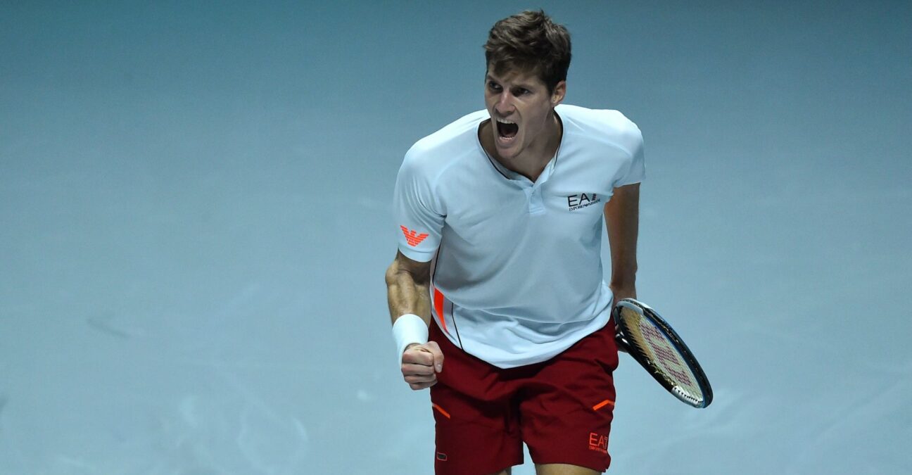 Croatia's Nino Serdarusic reacts during his match against Hungary's Fabian Marozsan
