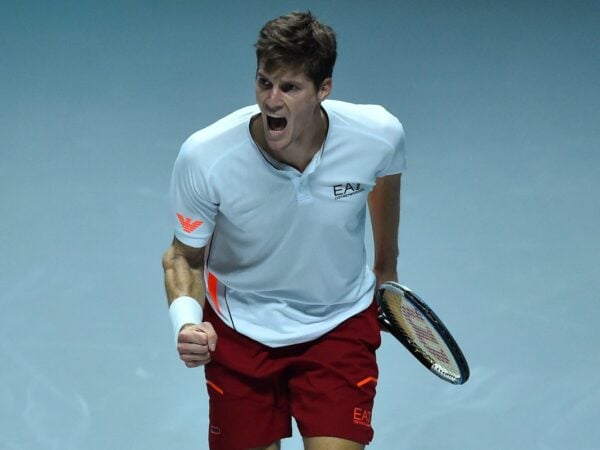 Croatia's Nino Serdarusic reacts during his match against Hungary's Fabian Marozsan