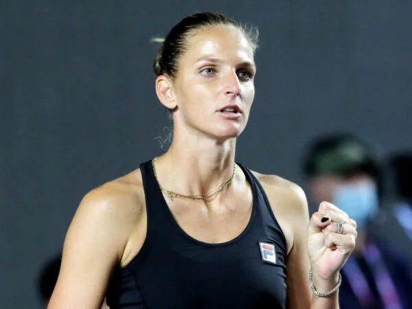 Czech Republic's Karolina Pliskova reacts during her group stage match against Spain's Garbine Muguruza