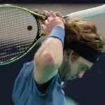 Russia's Andrey Rublev reacts during his semi final match at the Mubadala World Tennis Championship in Abu Dhabi