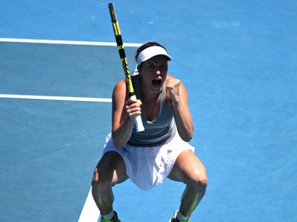 Danielle Collins of the U.S. celebrates winning her quarter final match against France's Alize Cornet at the 2022 Australian Open