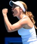 Danielle Collins of the U.S. reacts during her fourth round match against Belgium's Elise Mertens at the 2022 Australian Open