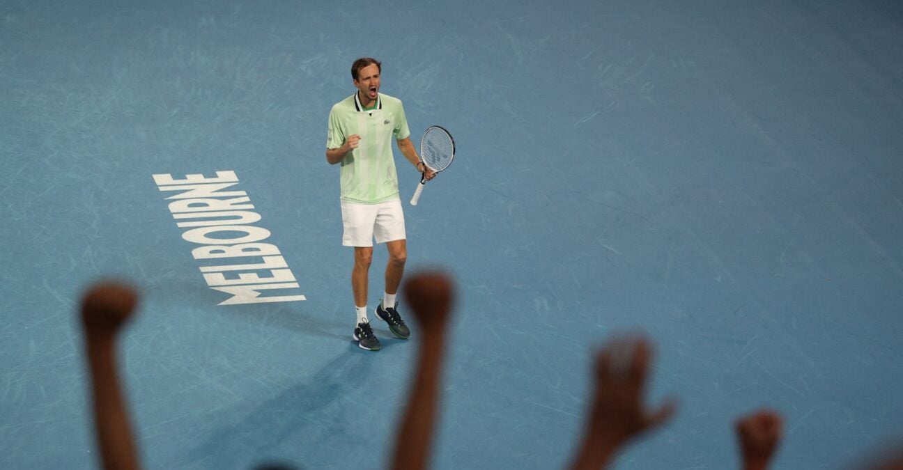 Daniil Medvedev celebrates QF AO 2022