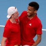 Canada's Felix Auger-Aliassime and Denis Shapovalov celebrate winning their semi final doubles match against Russia's Daniil Medvedev and Roman Safiullin at the ATP Cup