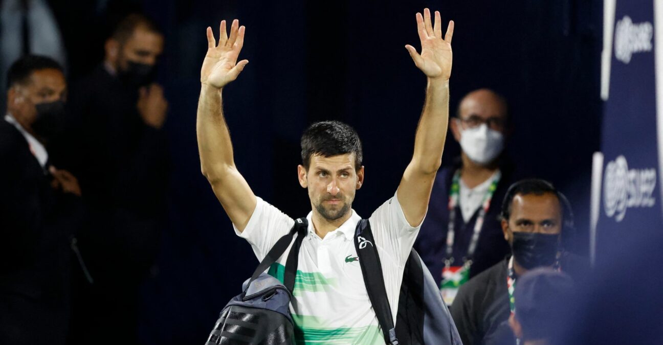 Serbia's Novak Djokovic waves to the crowd after he loses his quarter final match against Czech Republic's Jiri Vesely at the Dubai Tennis Championships