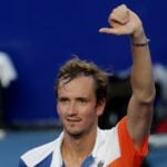 Russia's Daniil Medvedev celebrates winning his quarter final match against Japan's Yoshihito Nishioka in Acapulco