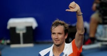Russia's Daniil Medvedev celebrates winning his quarter final match against Japan's Yoshihito Nishioka in Acapulco