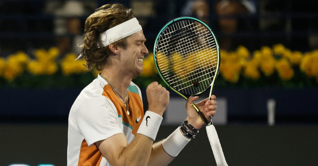 Russia's Andrey Rublev celebrates winning the final match against Czech Republic's Jiri Vesely at the Dubai Tennis Championships