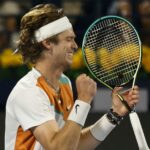Russia's Andrey Rublev celebrates winning the final match against Czech Republic's Jiri Vesely at the Dubai Tennis Championships