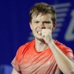 Stefan Kozlov of the U.S. celebrates winning his match against Bulgaria's Grigor Dimitrov at the ATP 500 Abierto Mexicano