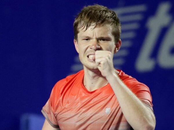 Stefan Kozlov of the U.S. celebrates winning his match against Bulgaria's Grigor Dimitrov at the ATP 500 Abierto Mexicano