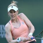 Alison Riske (USA) hits a shot in her 2nd round match at the BNP Paribas Open at the Indian Wells Tennis Garden.