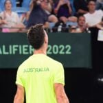 Thanasi Kokkinakis after winning during the Davis Cup qualification round