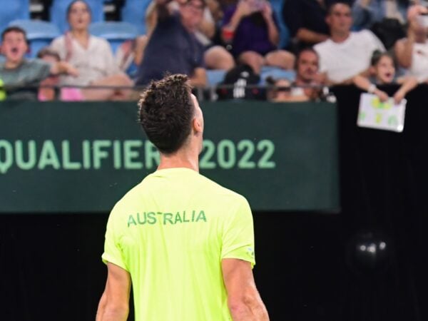 Thanasi Kokkinakis after winning during the Davis Cup qualification round